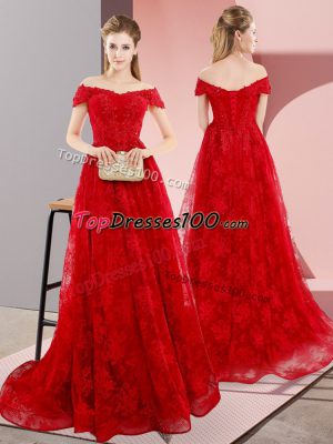 Red Sleeveless Tulle Sweep Train Lace Up Prom Evening Gown for Prom and Party and Military Ball