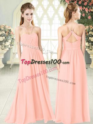 Floor Length Pink Prom Dresses Chiffon Sleeveless Ruching