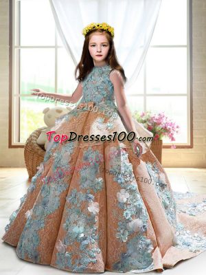 Glorious Peach Ball Gowns Satin High-neck Sleeveless Appliques Backless Kids Formal Wear Court Train