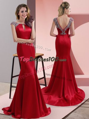 Amazing Cap Sleeves Beading Backless Dress for Prom with Red Sweep Train