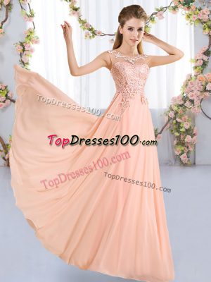 Peach Chiffon Lace Up Scoop Sleeveless Floor Length Dama Dress for Quinceanera Lace