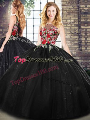 Fashionable Sleeveless Floor Length Embroidery Zipper Quinceanera Dresses with Black