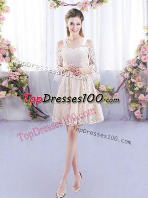 Chic Champagne Sleeveless Mini Length Lace Lace Up Bridesmaids Dress