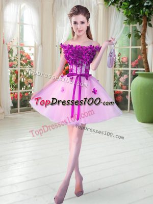 Lilac Sleeveless Mini Length Beading and Appliques Lace Up Prom Party Dress