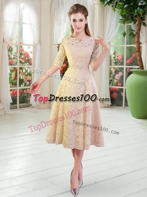 Dramatic Champagne Lace Zipper V-neck Half Sleeves Tea Length Homecoming Dress Beading