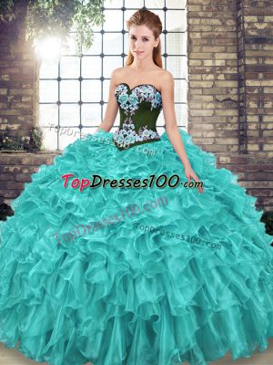 Sweep Train Ball Gowns Quinceanera Gowns Turquoise Sweetheart Organza Sleeveless Lace Up