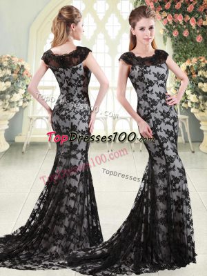 Scoop Sleeveless Sweep Train Appliques Black Lace