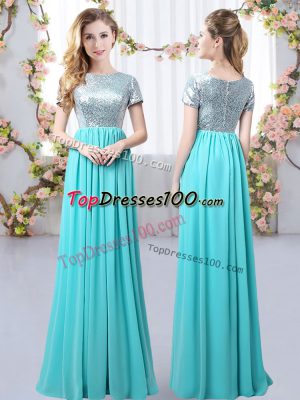 Custom Made Aqua Blue Empire Sequins Bridesmaids Dress Zipper Chiffon Short Sleeves Floor Length