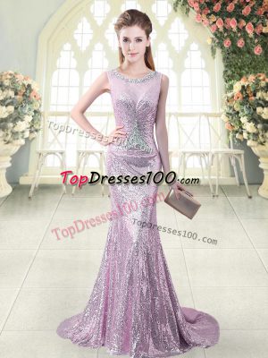 Sleeveless Sequined Brush Train Zipper Evening Dress in Lilac with Beading and Sequins