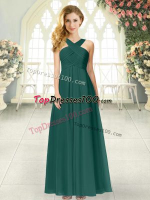 Peacock Green Empire Chiffon Straps Sleeveless Ruching Floor Length Zipper Prom Party Dress