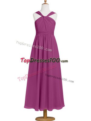 Sleeveless Chiffon Tea Length Zipper Prom Dresses in Fuchsia with Ruching