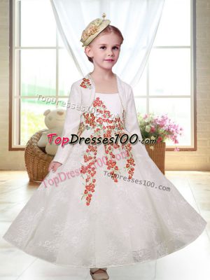 White A-line Lace Straps Sleeveless Embroidery Ankle Length Zipper Flower Girl Dresses for Less