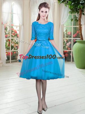 Chic Blue Half Sleeves Tulle Lace Up for Prom and Party
