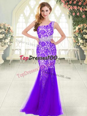 One Shoulder Sleeveless Floor Length Beading and Lace Purple Tulle