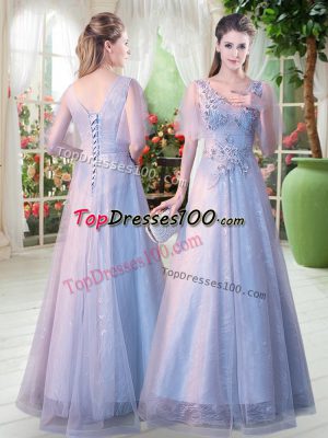 Luxury Tulle Short Sleeves Floor Length Prom Party Dress and Appliques