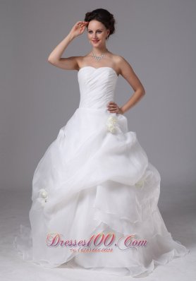 Organza Hand Made Flowers and Pick-ups Wedding Dress With Brush Train For Custom Made In Gainesville Georgia - Top Selling