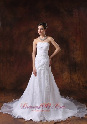 Court Train White Wedding Dress Embroidery Over Bodice Strapless - Top Selling