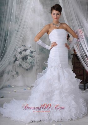 Beautiful Mermaid Strapless Court Train Organza Handle Flowers Wedding Dress - Top Selling