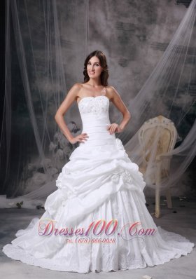 Custom Made White A-line Strapless Wedding Dress Taffeta Appliques and Hand Made Flowers Court Train - Top Selling