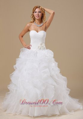 Popular Style Ruffles Decorate Bodice Hand Made Flowers A-line Court Train Organza 2013 Wedding Dress - Top Selling