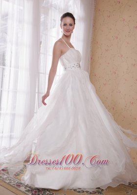 White A-Line / Princess Halter Brush Train Taffeta and Organza Rhinestones Wedding Dress Top Selling