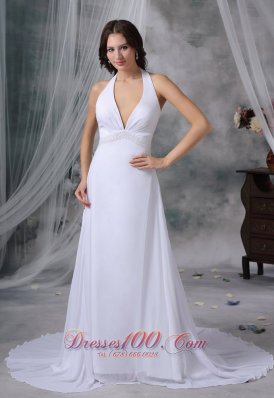 Newton Iowa Halter Top Beaded Decorate Waist Court Train Chiffon Sexy Style Beach Wedding Dress For 2013 - Top Selling