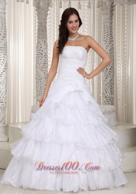 New A-line Strapless Flooor-length Organza Beading and Hand Made Flower Wedding Dress - Top Selling