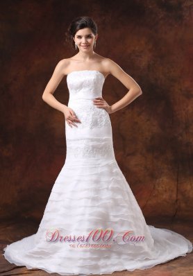 Embroidery Decorate Bodice Mermaid Brush Train Organza Ruffled Layers 2013 Wedding Dress - Top Selling