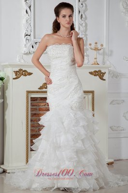 Popular Column Strapless Ruch and Appliques Wedding Dress Court Train Organza - Top Selling