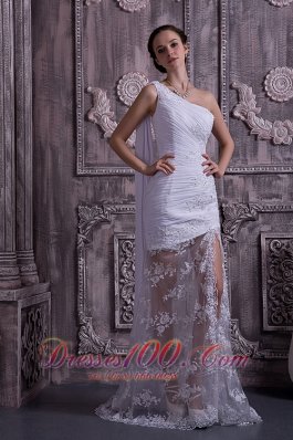 Customize Column / Sheath Prom Dress One Shoulder Appliques With Beading Watteau Train Lace - Top Selling