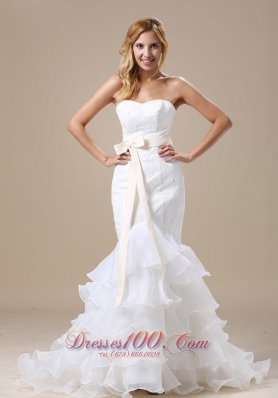 Mermaid Wedding Dress With Sash Ruffles Layered Lace Organza