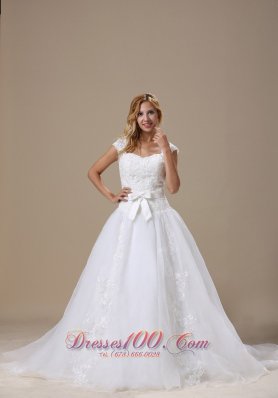 Square Cap Sleeves and Sash For Wedding Dress With Lace Bodice