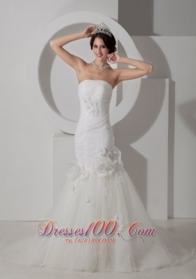 Customize Mermaid Strapless Wedding Dress Tulle Ruch and Hand Made Flowers Court Train