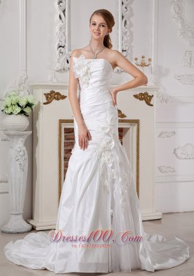 Exclusive Wedding Dress Column Strapless Hand Made Flowers Court Train Taffeta