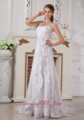 Romantic Empire Strapless Lace Wedding Dress Brush Train Hand Made Flowers