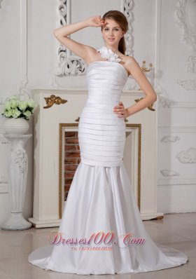 Beautiful Detachable Mermaid One Shoulder Ruch Wedding Dress Brush Train Satin