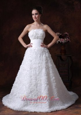Fabric With Rolling Flowers Strapless A-Line / Princess Modest Chapel Train 2013 Wedding Dress