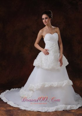 Rolling Flowers Luxurious Strapless A-Line / Princess Organza Chapel Train Wedding Dress