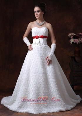 Rolling Flower Sweetheart Wedding Dress A-Line Bowknot Brush With Beading