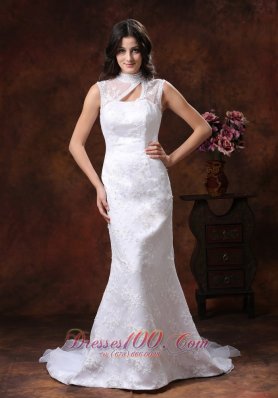 Mermaid Embroidery Decorate Gorgeous Organza Wedding Dress With High Neckline In Gilbert Arizona