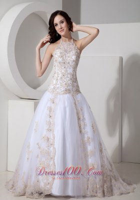 Customize Wedding Dress A-line Halter Tulle Lace Appliques Court Train