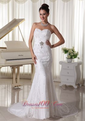 Sweetheart Court Train Sheath Wedding Gowns With Beading Over Bodice Lace and Elastic Woven Satin