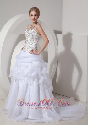 Popular A-line Strapless Court Train Organza Beading and Hand Made Flowers Wedding Dress