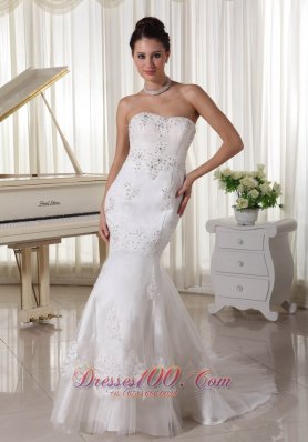 Fashionbale Appliques With Beading Mermaid Wedding Dress Sweep Train Tulle and Taffeta