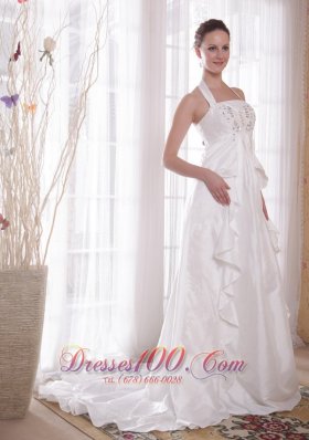 Beautiful A-Line / Princess Halter Brush Train Taffeta Rhinestone Wedding Dress