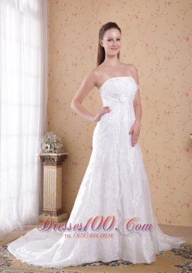 Romantic A-Line / Princess Strapless Court Train Organza and Satin Beading Wedding Dress