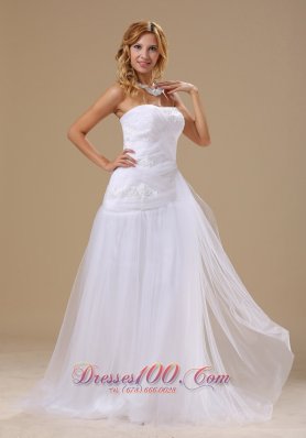 Appliques With Beading Decorate Bodice Tulle Strapless Brush Train 2013 Wedding Dress