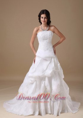 Formal A-line Strapless Court Train Taffeta Lace Wedding Dress