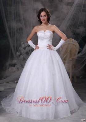 White A-line Strapless Brush Train Satin and Organza Embriodery Wedding Dress