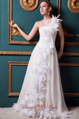 Elegant A-line One Shoulder Brush Train Organza Ruffles Wedding Dress